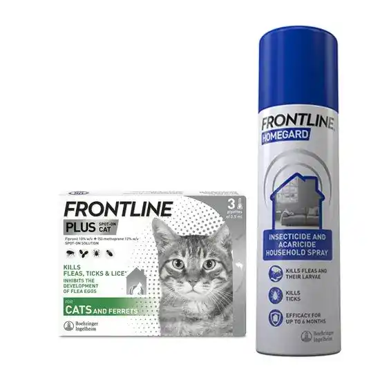 FRONTLINE PLUS Spot-On Flea and Tick Treatment for Cats and FRONTLINE HOMEGARD Household Flea Spray Bundle 3245