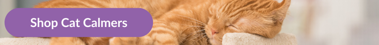 A ginger cat asleep on top of a beige cat tree with overlay text that reads &#34;Shop Cat Calmers&#34;